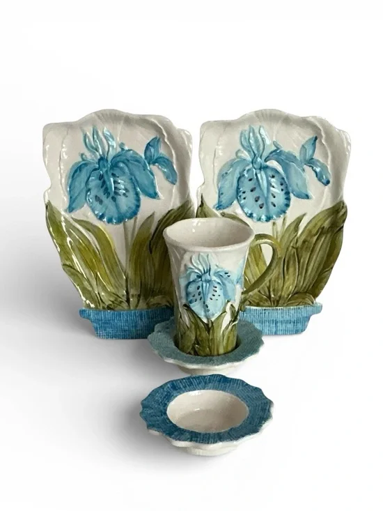 Lenwile Ardalt Flowerpot Majolica Artware Porcelain Flower Tea Set Blue Iris - Picture 1 of 14